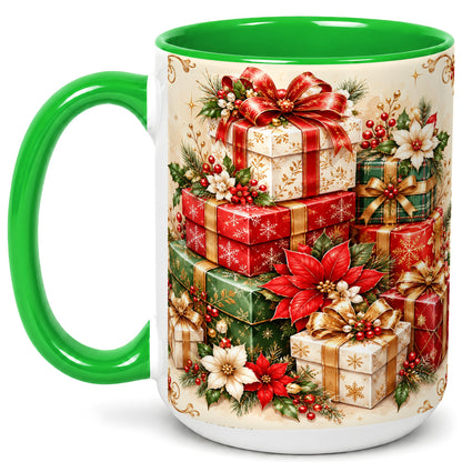 #pl[15oz|Green] Christmas Presents Coffee Mug, Festive Poinsettia Mug, Ceramic Cup