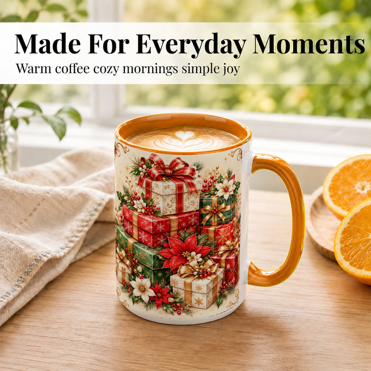 #pl[15oz|Orange] Christmas Presents Coffee Mug, Festive Poinsettia Mug, Ceramic Cup