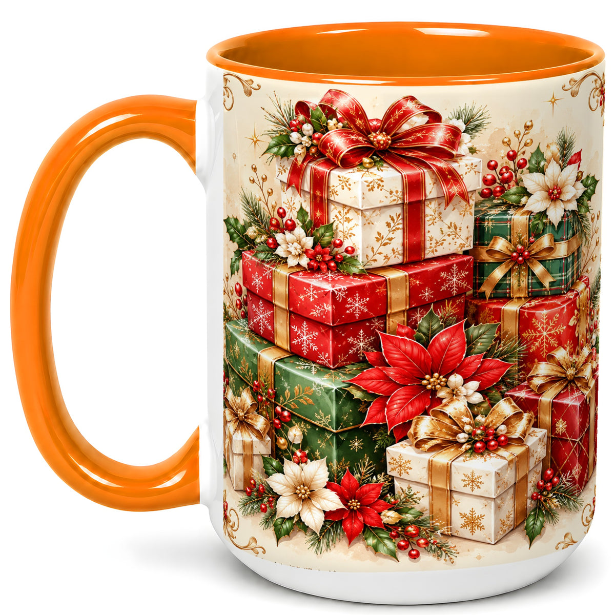 #pl[15oz|Orange] Christmas Presents Coffee Mug, Festive Poinsettia Mug, Ceramic Cup