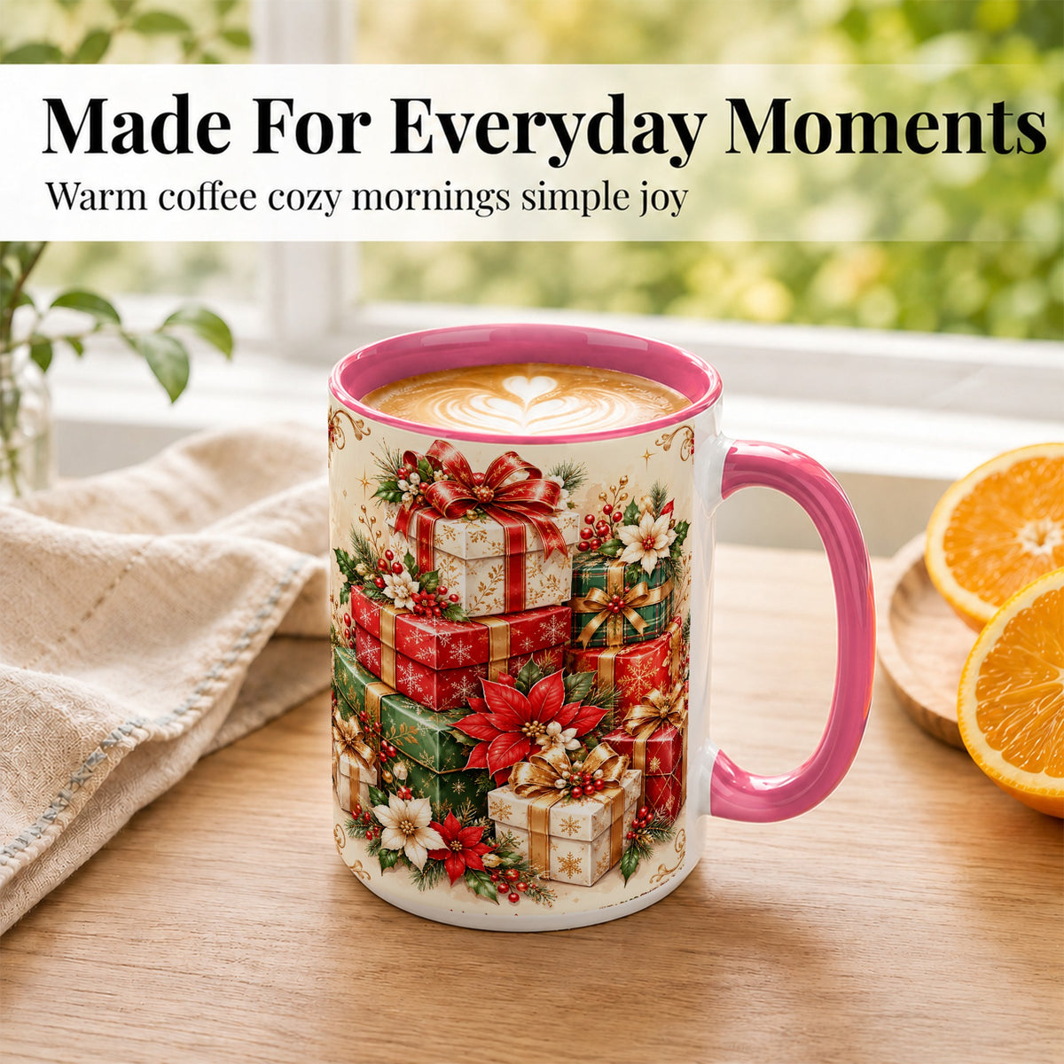 #pl[15oz|Pink] Christmas Presents Coffee Mug, Festive Poinsettia Mug, Ceramic Cup