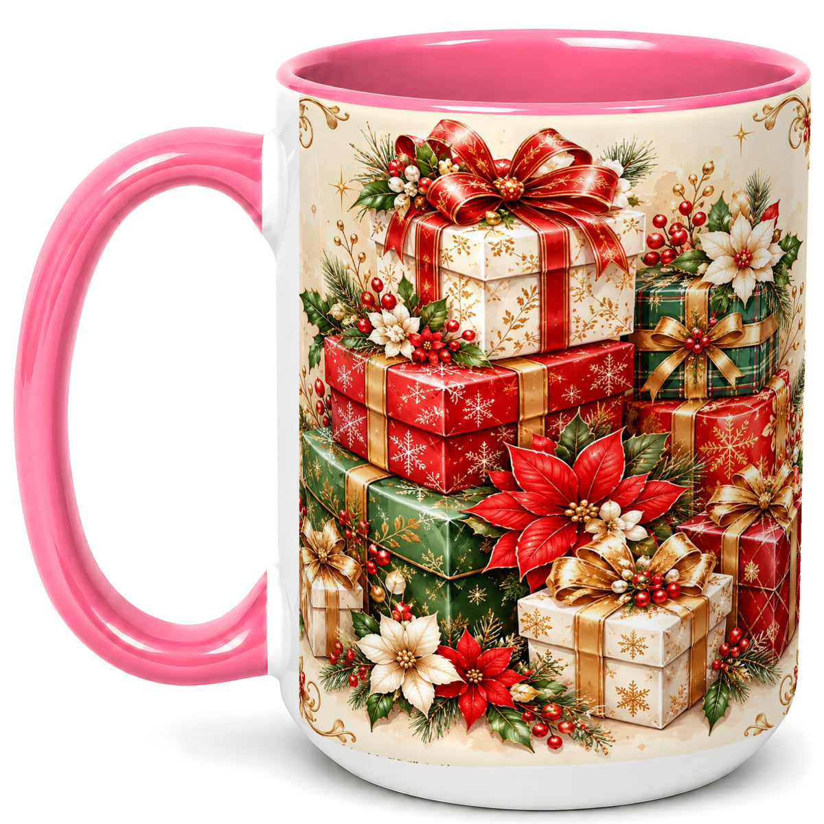 #pl[15oz|Pink] Christmas Presents Coffee Mug, Festive Poinsettia Mug, Ceramic Cup