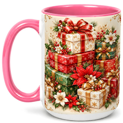 #pl[15oz|Pink] Christmas Presents Coffee Mug, Festive Poinsettia Mug, Ceramic Cup