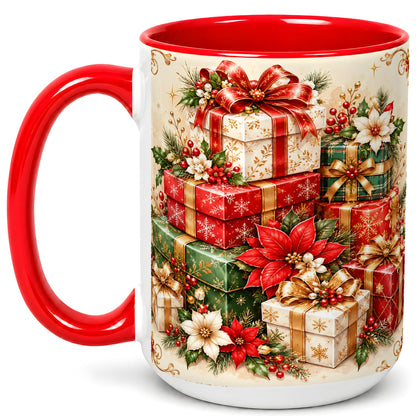 #pl[15oz|Red] Christmas Presents Coffee Mug, Festive Poinsettia Mug, Ceramic Cup