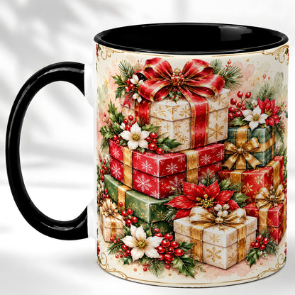 #pl[11oz|Black] Christmas Packages Coffee Mug, Red Ribbon Holiday Mug, Ceramic Cup