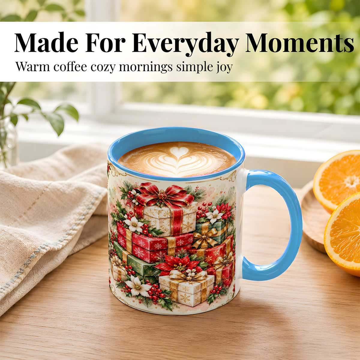 #pl[11oz|Blue] Christmas Packages Coffee Mug, Red Ribbon Holiday Mug, Ceramic Cup