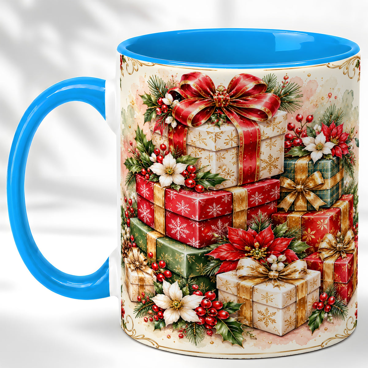#pl[11oz|Blue] Christmas Packages Coffee Mug, Red Ribbon Holiday Mug, Ceramic Cup