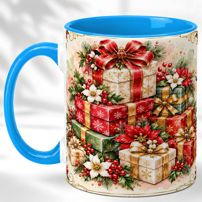 #pl[11oz|Blue] Christmas Packages Coffee Mug, Red Ribbon Holiday Mug, Ceramic Cup