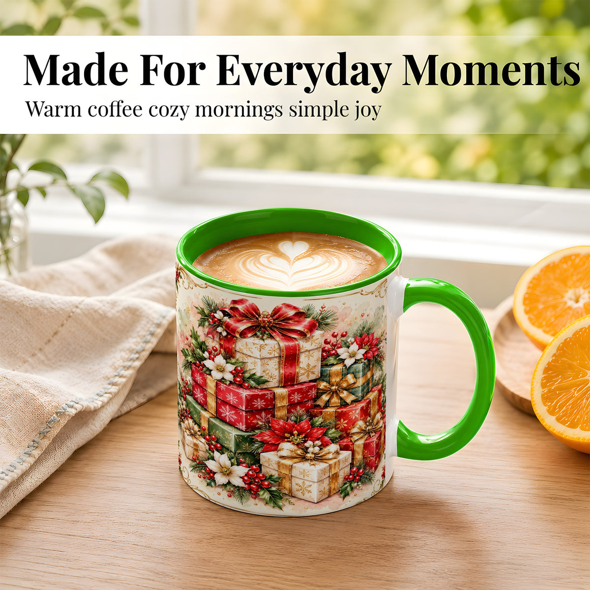 #pl[11oz|Green] Christmas Packages Coffee Mug, Red Ribbon Holiday Mug, Ceramic Cup