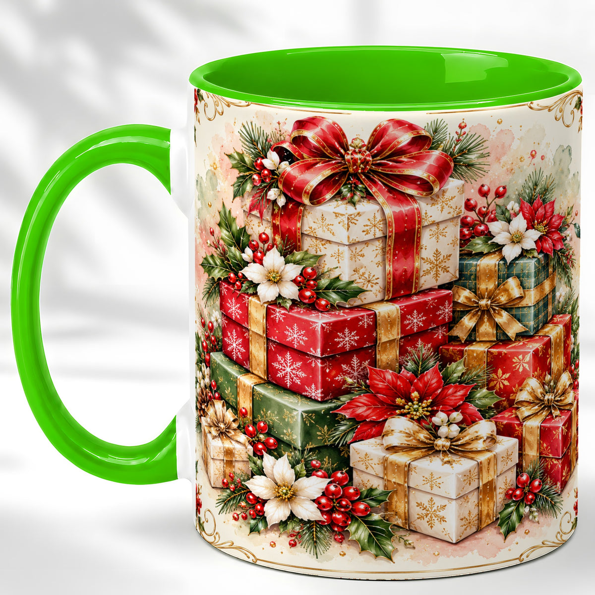 #pl[11oz|Green] Christmas Packages Coffee Mug, Red Ribbon Holiday Mug, Ceramic Cup