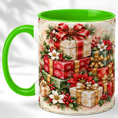 #pl[11oz|Green] Christmas Packages Coffee Mug, Red Ribbon Holiday Mug, Ceramic Cup