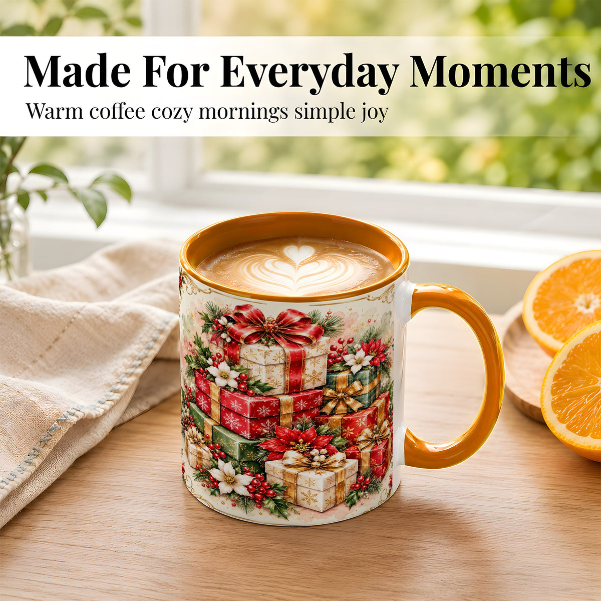 #pl[11oz|Orange] Christmas Packages Coffee Mug, Red Ribbon Holiday Mug, Ceramic Cup