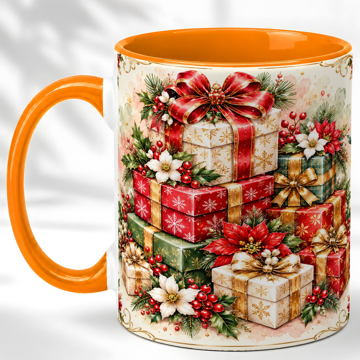 #pl[11oz|Orange] Christmas Packages Coffee Mug, Red Ribbon Holiday Mug, Ceramic Cup