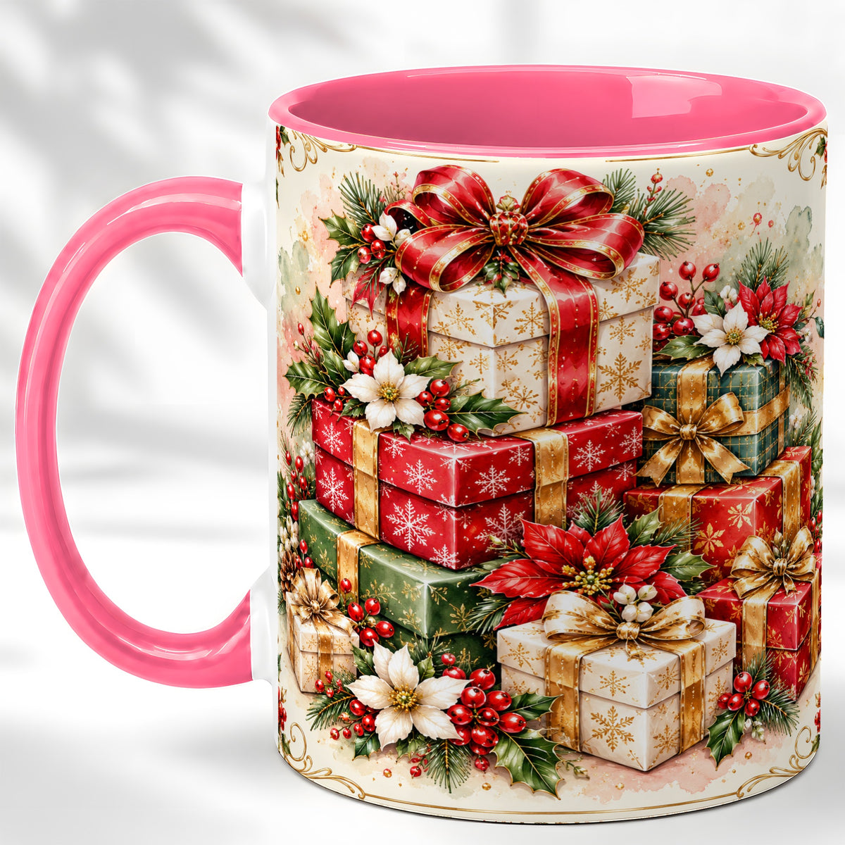 #pl[11oz|Pink] Christmas Packages Coffee Mug, Red Ribbon Holiday Mug, Ceramic Cup
