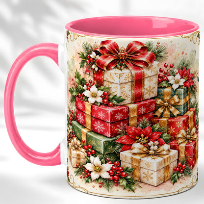#pl[11oz|Pink] Christmas Packages Coffee Mug, Red Ribbon Holiday Mug, Ceramic Cup