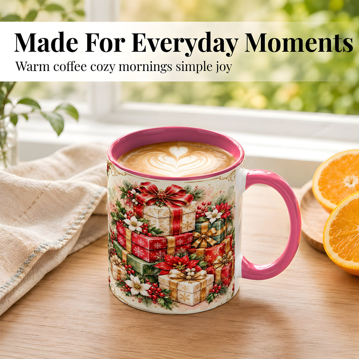 #pl[11oz|Pink] Christmas Packages Coffee Mug, Red Ribbon Holiday Mug, Ceramic Cup