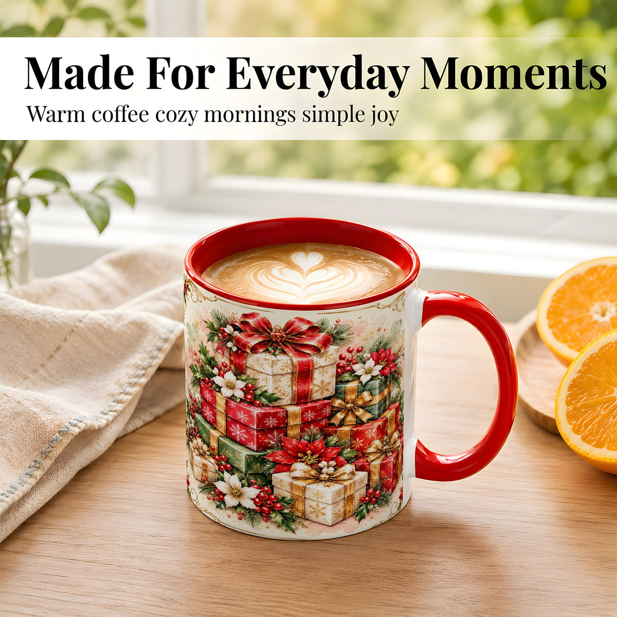 #pl[11oz|Red] Christmas Packages Coffee Mug, Red Ribbon Holiday Mug, Ceramic Cup