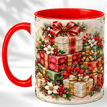 Christmas Packages Coffee Mug, Red Ribbon Holiday Mug, Ceramic Cup