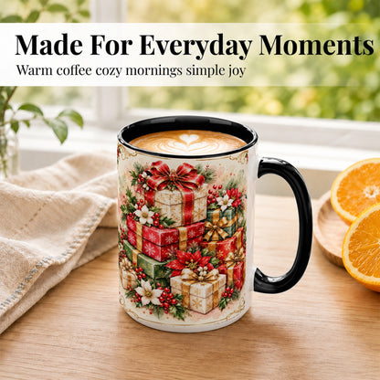 #pl[15oz|Black] Christmas Packages Coffee Mug, Red Ribbon Holiday Mug, Ceramic Cup