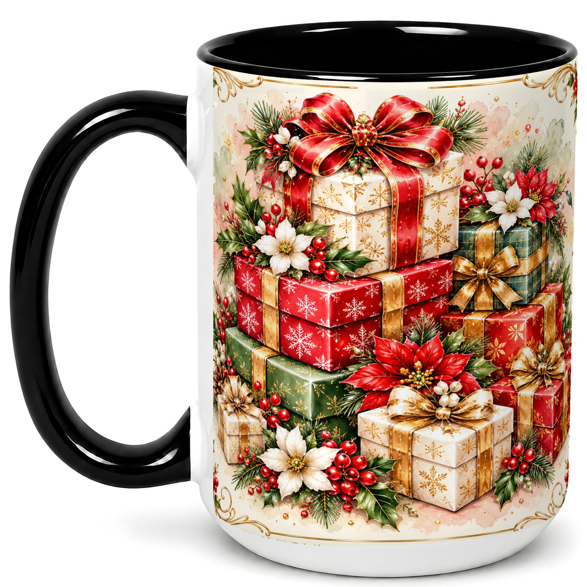 #pl[15oz|Black] Christmas Packages Coffee Mug, Red Ribbon Holiday Mug, Ceramic Cup