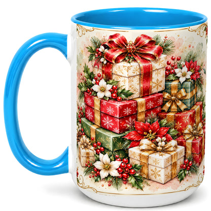 #pl[15oz|Blue] Christmas Packages Coffee Mug, Red Ribbon Holiday Mug, Ceramic Cup