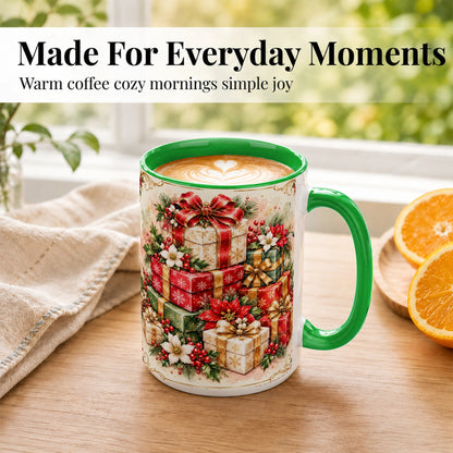 #pl[15oz|Green] Christmas Packages Coffee Mug, Red Ribbon Holiday Mug, Ceramic Cup