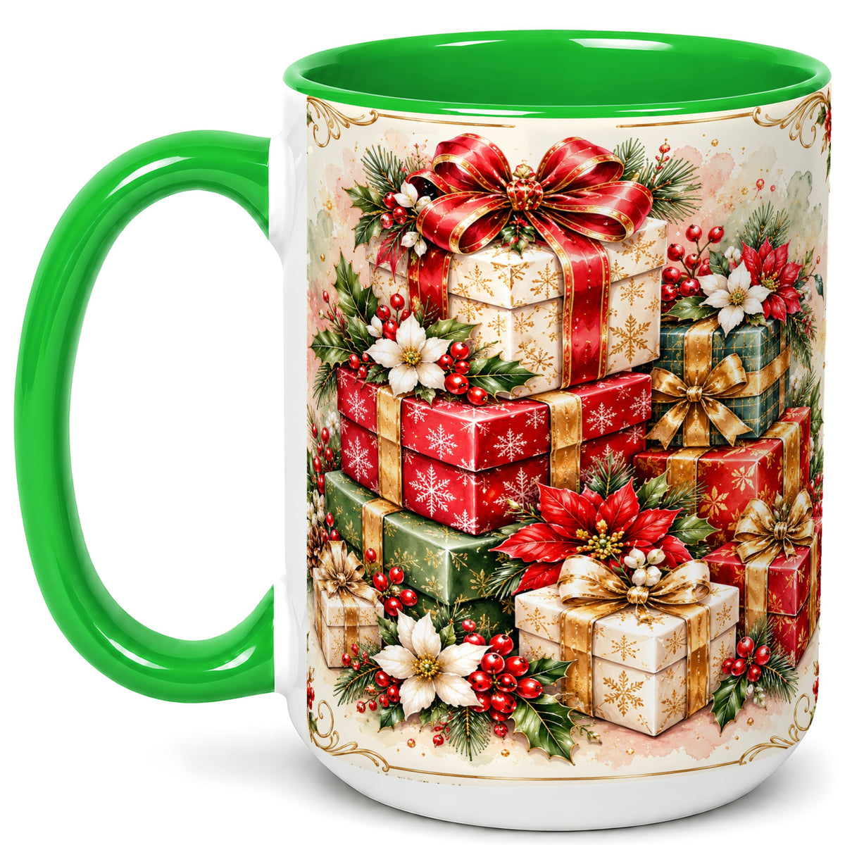 #pl[15oz|Green] Christmas Packages Coffee Mug, Red Ribbon Holiday Mug, Ceramic Cup