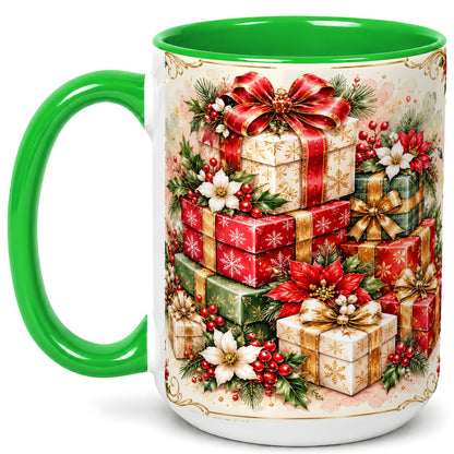 #pl[15oz|Green] Christmas Packages Coffee Mug, Red Ribbon Holiday Mug, Ceramic Cup