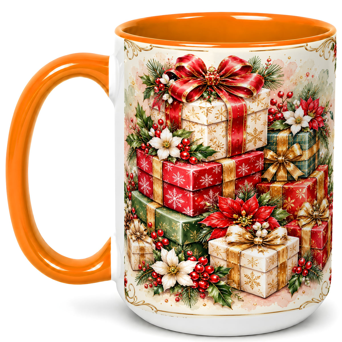 #pl[15oz|Orange] Christmas Packages Coffee Mug, Red Ribbon Holiday Mug, Ceramic Cup