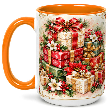 #pl[15oz|Orange] Christmas Packages Coffee Mug, Red Ribbon Holiday Mug, Ceramic Cup