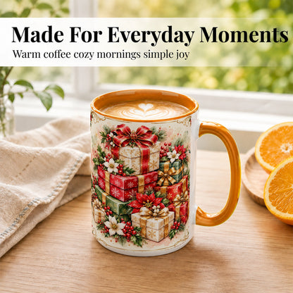 #pl[15oz|Orange] Christmas Packages Coffee Mug, Red Ribbon Holiday Mug, Ceramic Cup