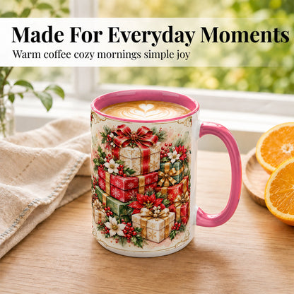#pl[15oz|Pink] Christmas Packages Coffee Mug, Red Ribbon Holiday Mug, Ceramic Cup