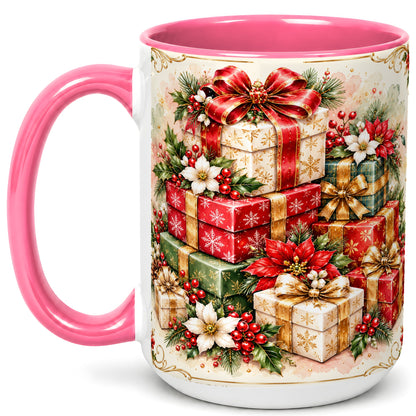 #pl[15oz|Pink] Christmas Packages Coffee Mug, Red Ribbon Holiday Mug, Ceramic Cup