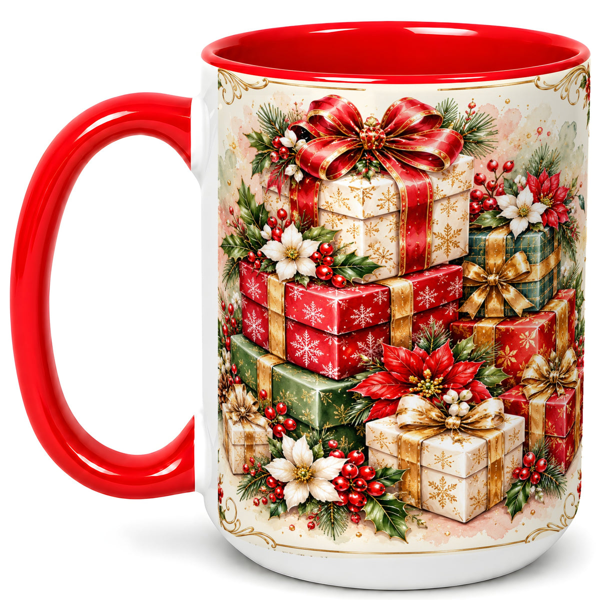 #pl[15oz|Red] Christmas Packages Coffee Mug, Red Ribbon Holiday Mug, Ceramic Cup