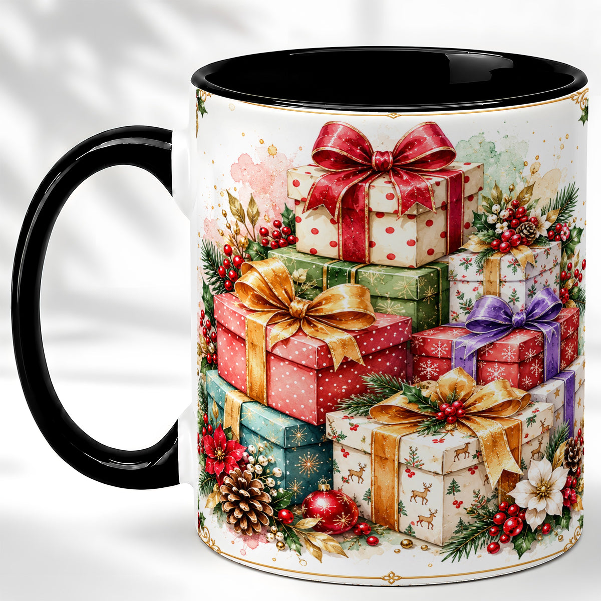 #pl[11oz|Black] Christmas Present Stack Coffee Mug, Purple Ribbon Holiday Mug, Ceramic Cup