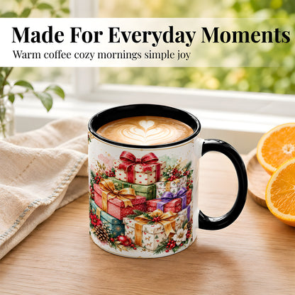 #pl[11oz|Black] Christmas Present Stack Coffee Mug, Purple Ribbon Holiday Mug, Ceramic Cup