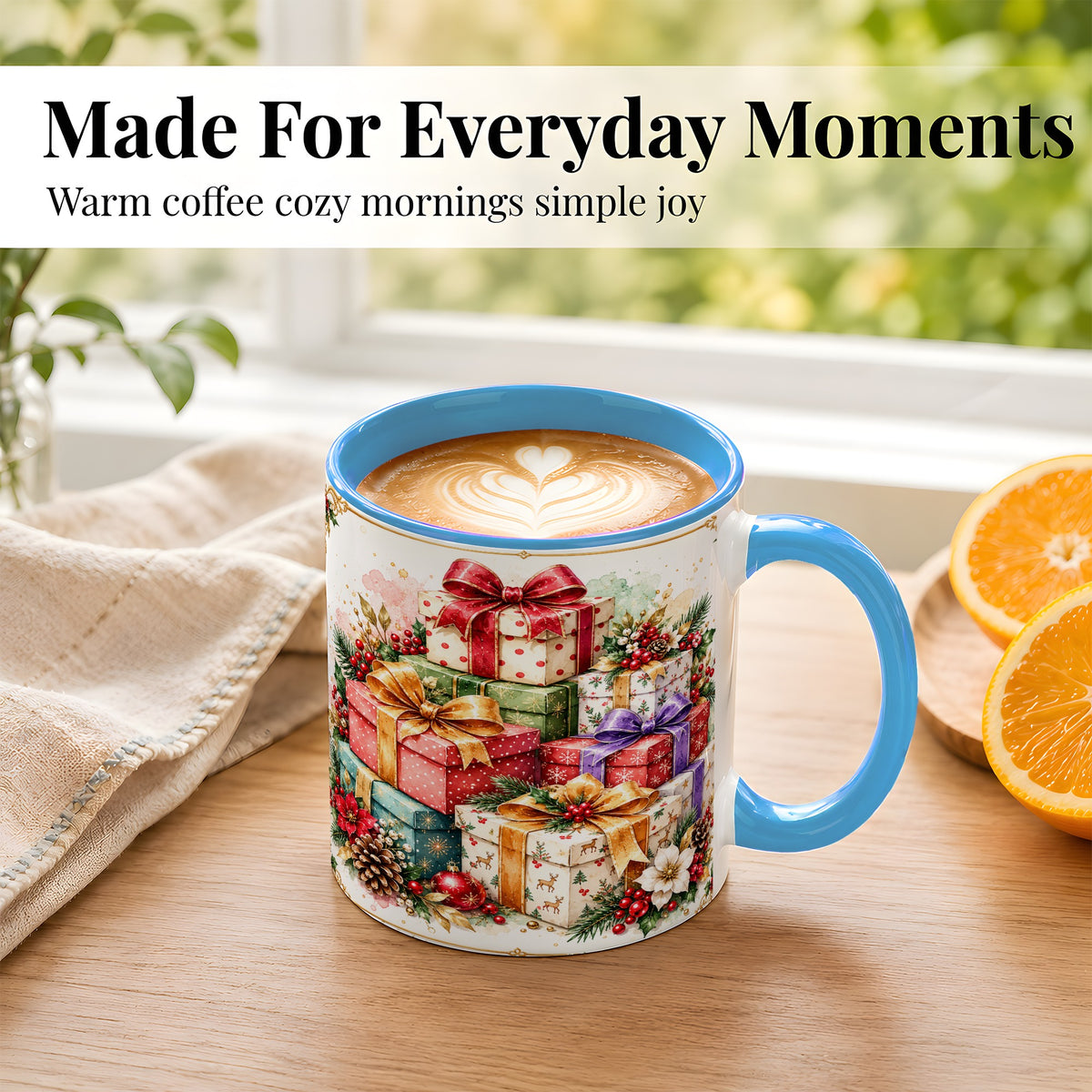 #pl[11oz|Blue] Christmas Present Stack Coffee Mug, Purple Ribbon Holiday Mug, Ceramic Cup