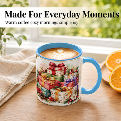#pl[11oz|Blue] Christmas Present Stack Coffee Mug, Purple Ribbon Holiday Mug, Ceramic Cup