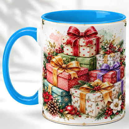 #pl[11oz|Blue] Christmas Present Stack Coffee Mug, Purple Ribbon Holiday Mug, Ceramic Cup