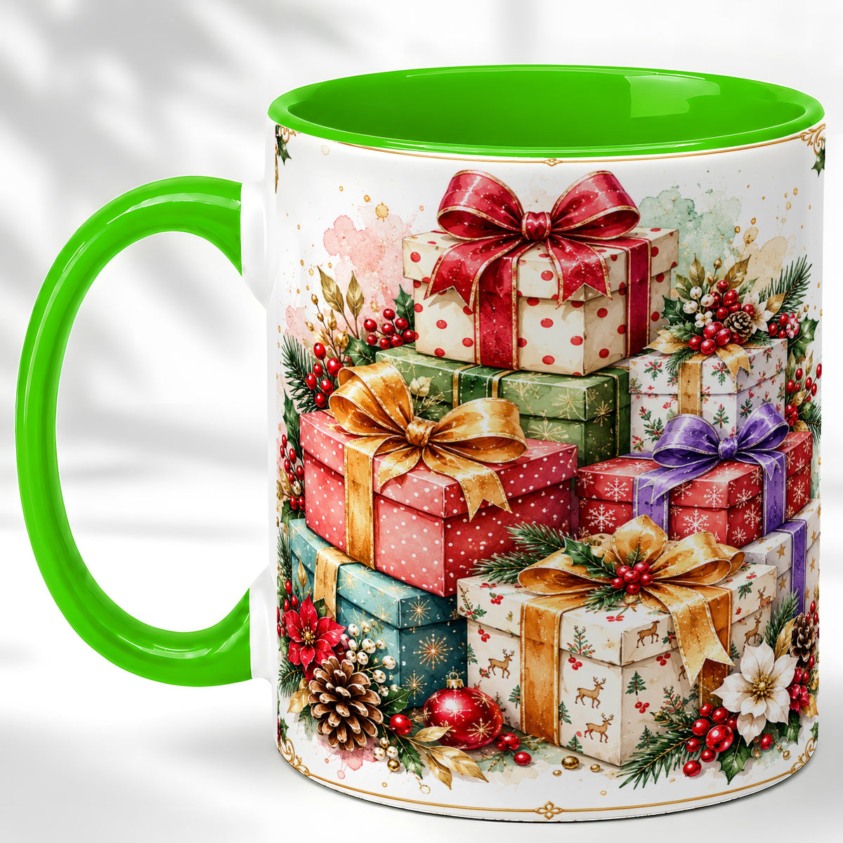 #pl[11oz|Green] Christmas Present Stack Coffee Mug, Purple Ribbon Holiday Mug, Ceramic Cup