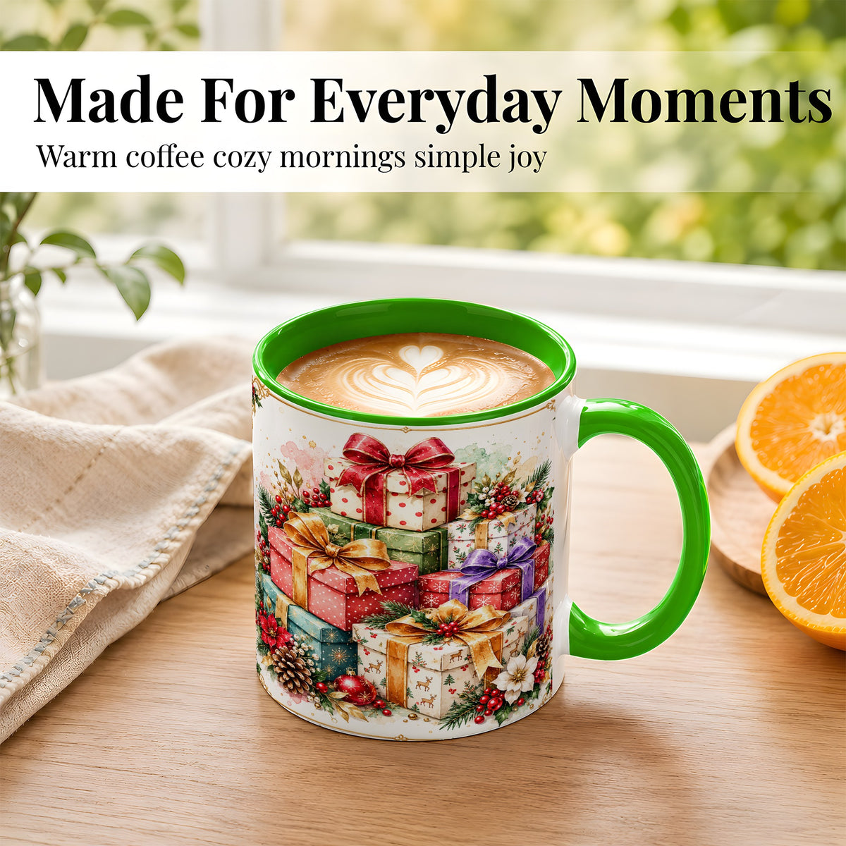 #pl[11oz|Green] Christmas Present Stack Coffee Mug, Purple Ribbon Holiday Mug, Ceramic Cup