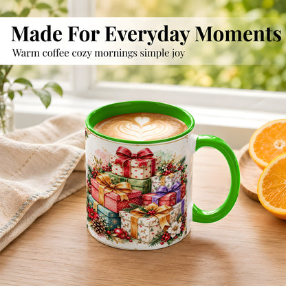 #pl[11oz|Green] Christmas Present Stack Coffee Mug, Purple Ribbon Holiday Mug, Ceramic Cup