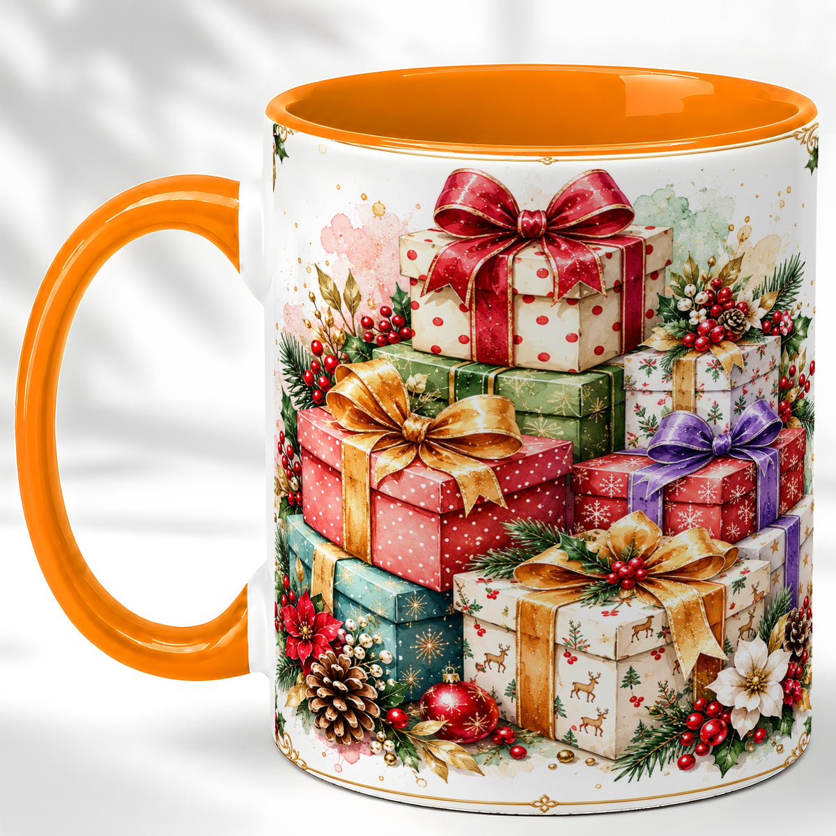 #pl[11oz|Orange] Christmas Present Stack Coffee Mug, Purple Ribbon Holiday Mug, Ceramic Cup