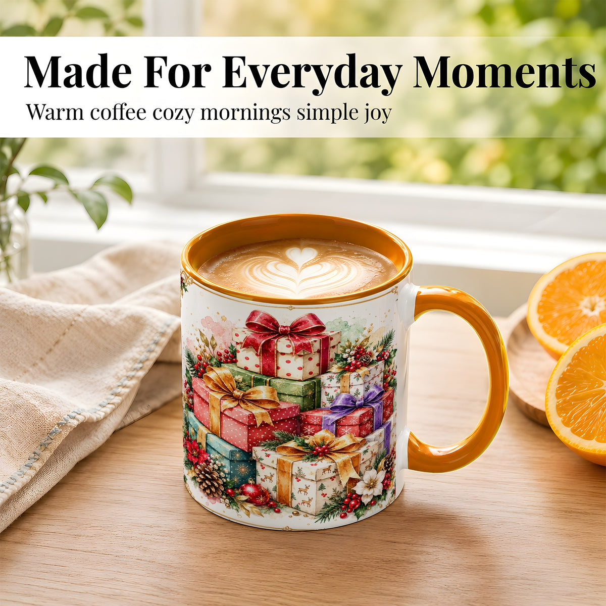 #pl[11oz|Orange] Christmas Present Stack Coffee Mug, Purple Ribbon Holiday Mug, Ceramic Cup