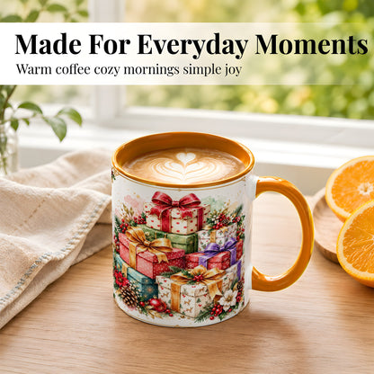 #pl[11oz|Orange] Christmas Present Stack Coffee Mug, Purple Ribbon Holiday Mug, Ceramic Cup