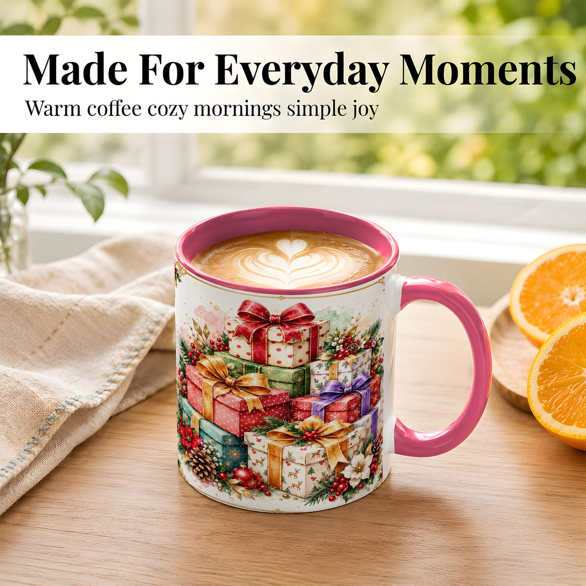 #pl[11oz|Pink] Christmas Present Stack Coffee Mug, Purple Ribbon Holiday Mug, Ceramic Cup