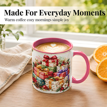 #pl[11oz|Pink] Christmas Present Stack Coffee Mug, Purple Ribbon Holiday Mug, Ceramic Cup