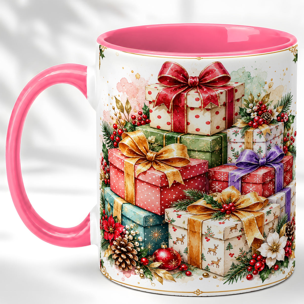 #pl[11oz|Pink] Christmas Present Stack Coffee Mug, Purple Ribbon Holiday Mug, Ceramic Cup