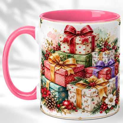 #pl[11oz|Pink] Christmas Present Stack Coffee Mug, Purple Ribbon Holiday Mug, Ceramic Cup