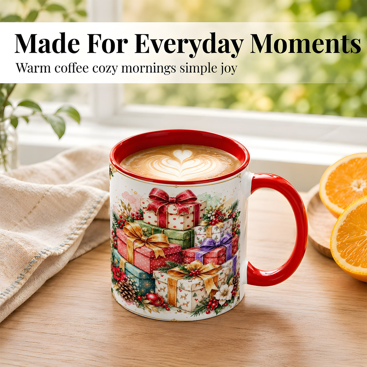 #pl[11oz|Red] Christmas Present Stack Coffee Mug, Purple Ribbon Holiday Mug, Ceramic Cup