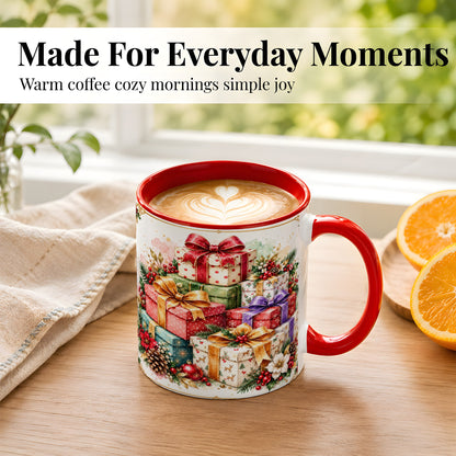 #pl[11oz|Red] Christmas Present Stack Coffee Mug, Purple Ribbon Holiday Mug, Ceramic Cup